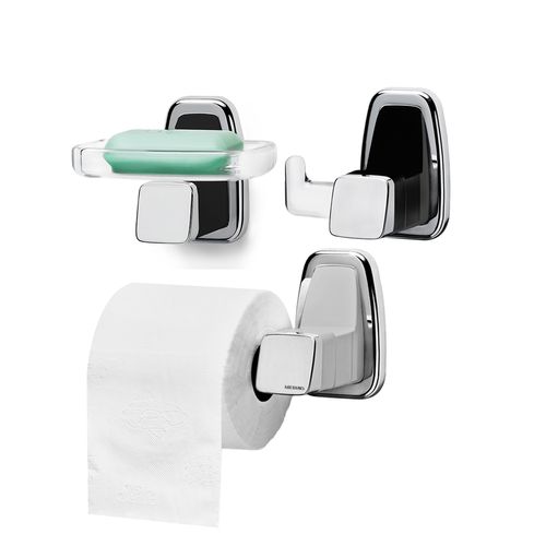 Kit acessórios banheiro 3 peças línea max lavatório branco cromado - Mebuki